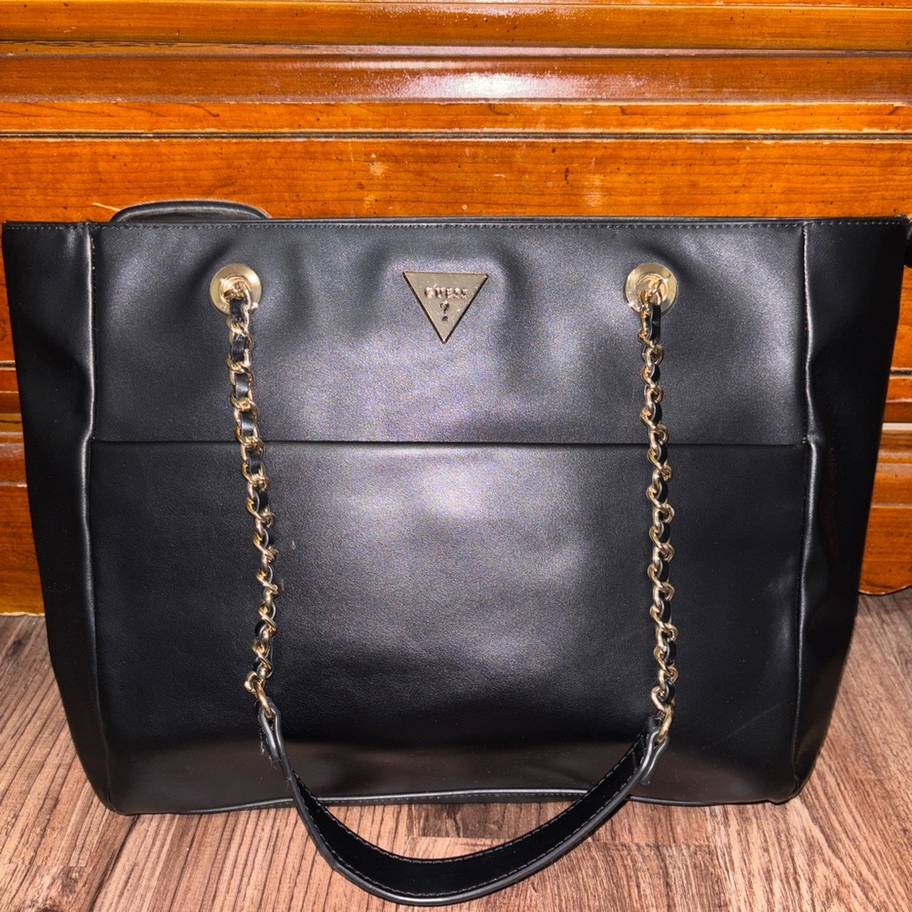 Guess Black Faux Leather Tote Bag with Chain Straps
